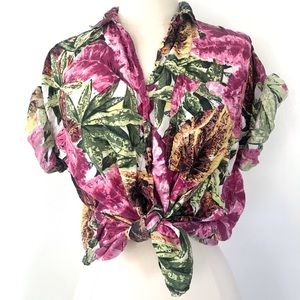 Vintage 80’s pink tropical flower rayon button down shirt top blouse